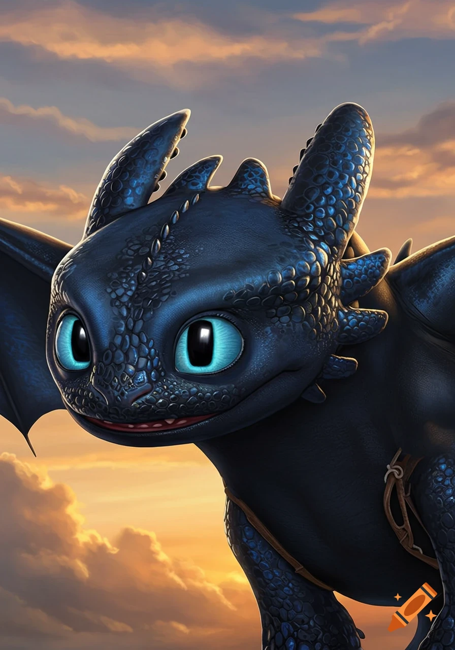 Hyper-realistic Toothless dragon flying against a sunset sky
