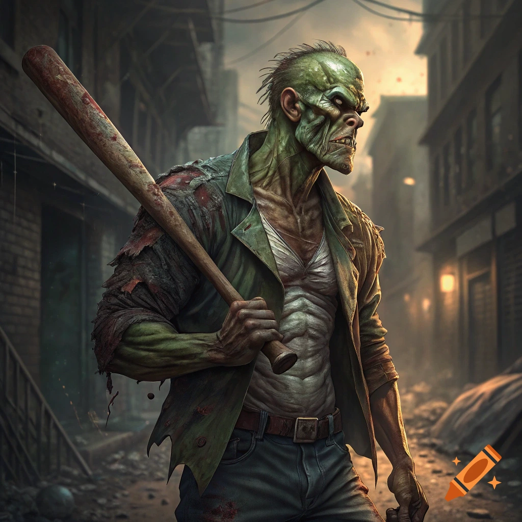 Zombie holding a bloody baseball bat in a ruined city street