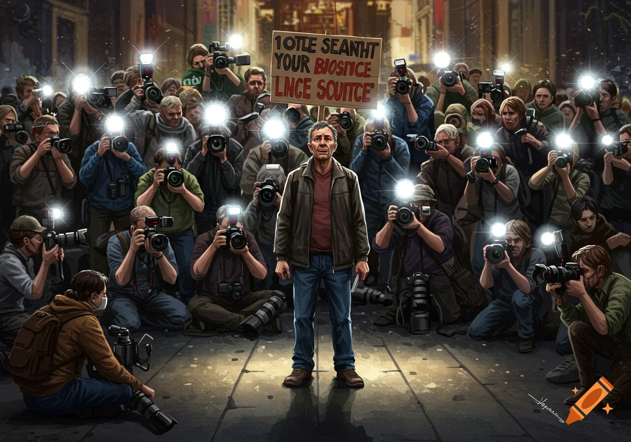 A man is surrounded by a large crowd of photographers taking pictures with flashing cameras in a street at night. He holds a sign with illegible text.