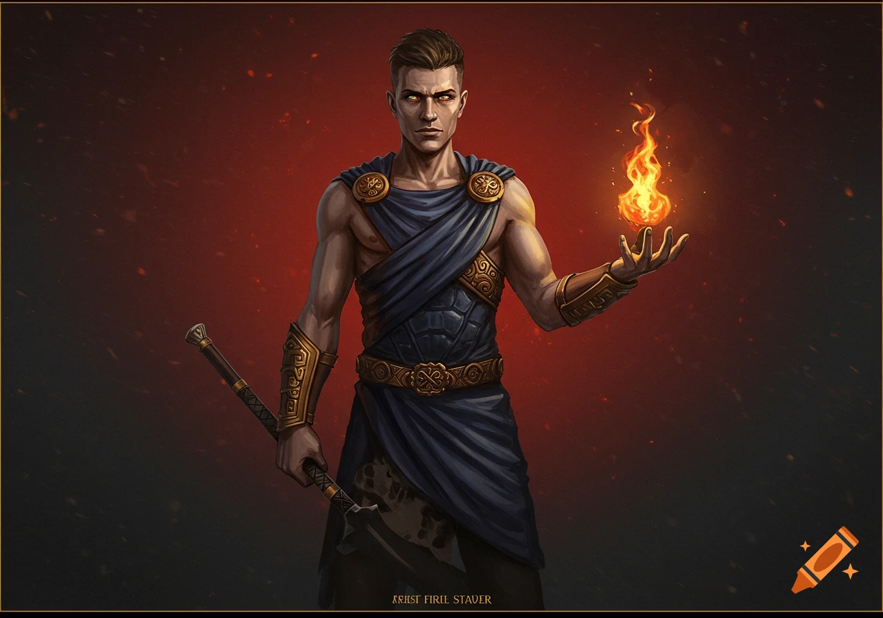 Muscular man in ancient Greek-style armor and drapery, holding a sword and conjuring fire, digital painting.