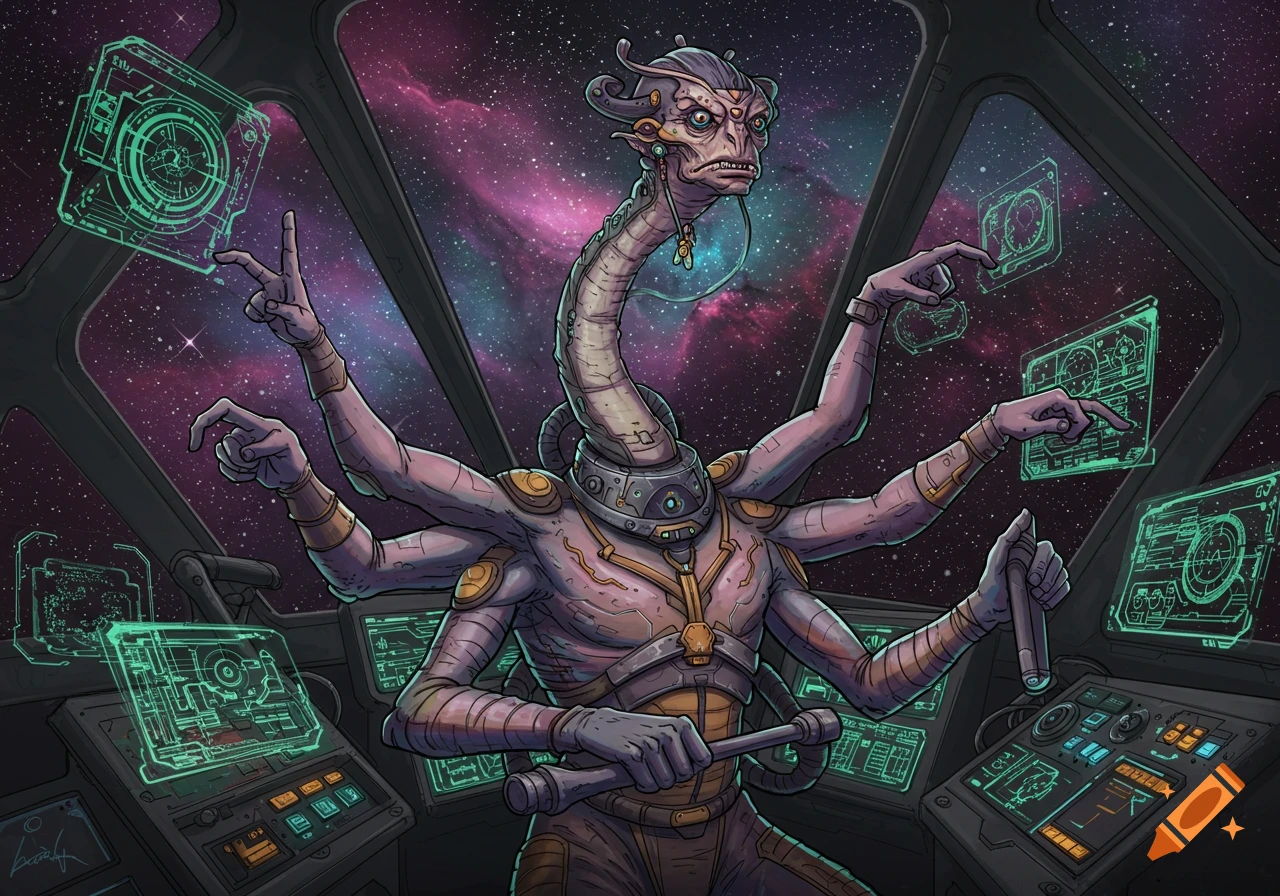 Detailed illustration of a six-armed alien pilot in a spaceship cockpit, interacting with holographic displays.