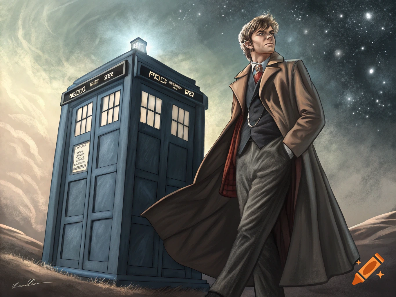 An illustration of the Tenth Doctor standing beside the TARDIS under a starry sky.