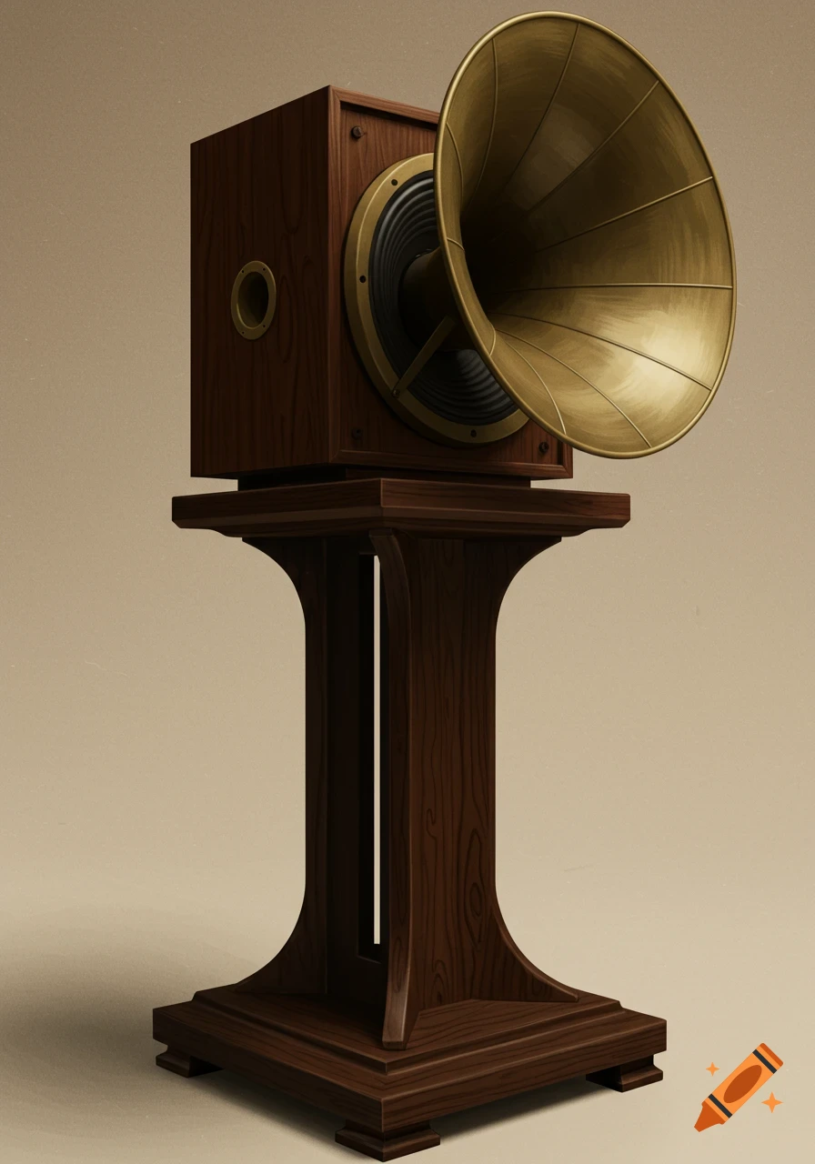 A vintage brass horn speaker sits on a dark wood stand.