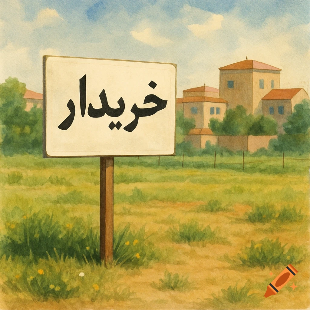 A watercolor image of a sign reading 'خریدار' in a field with buildings in the background.
