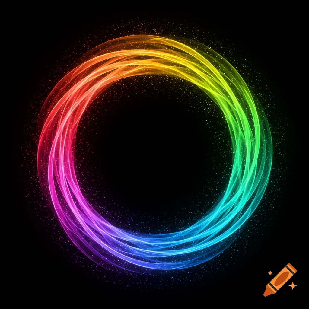 A swirling ring of rainbow-colored light with glittering particles against a black background.
