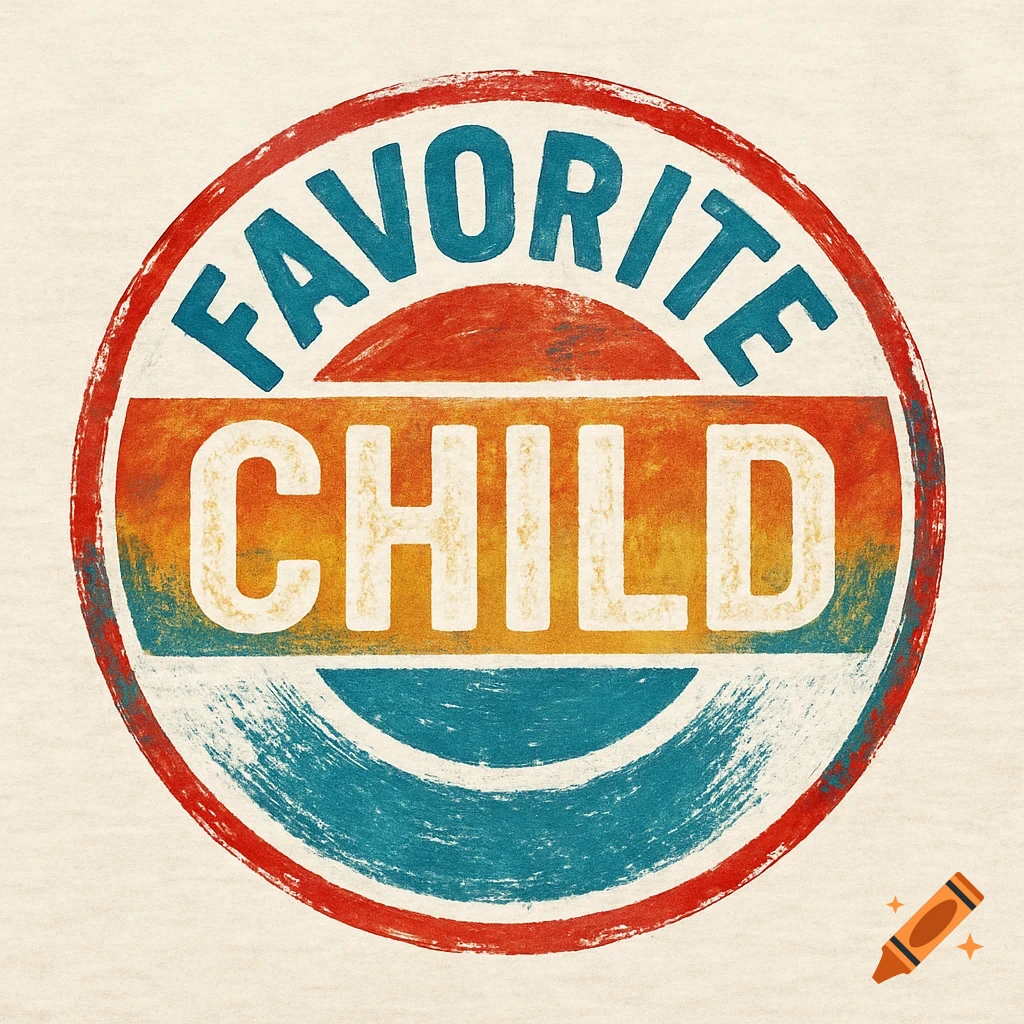 Distressed vintage style logo with red, orange, and blue colors, saying FAVORITE CHILD