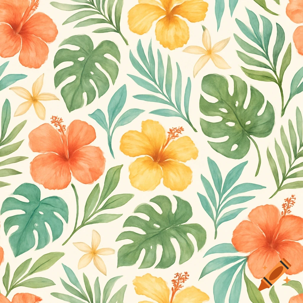 Watercolor pattern of orange and yellow hibiscus flowers and green tropical leaves.