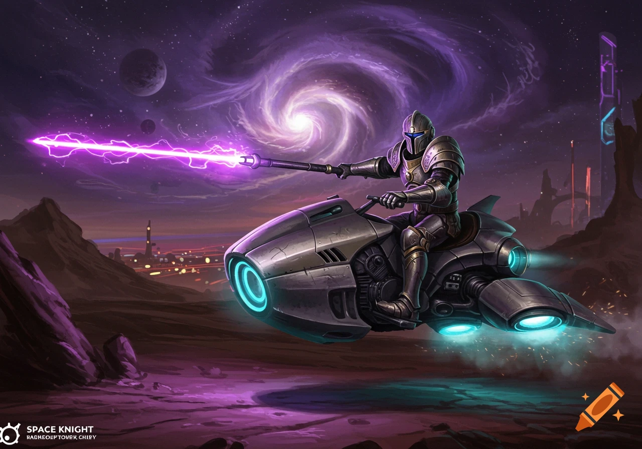 A Space Knight rides a hoverbike across an alien landscape holding a laser lance, with planets and a galaxy swirl in the sky, in a SciFi art style.