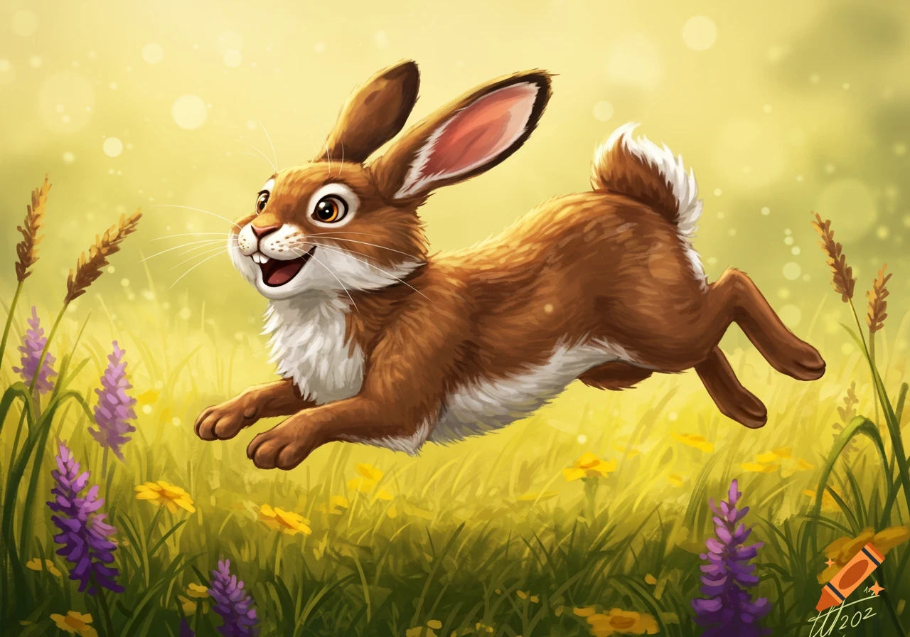 A smiling brown rabbit hops through a field of yellow and purple flowers.