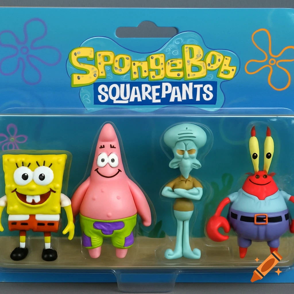 Action figure set of Spongebob, Patrick, Squidward, and Mr. Krabs in their packaging.