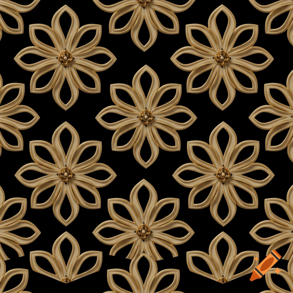Seamless pattern of beige and gold stylized flowers on a black background.