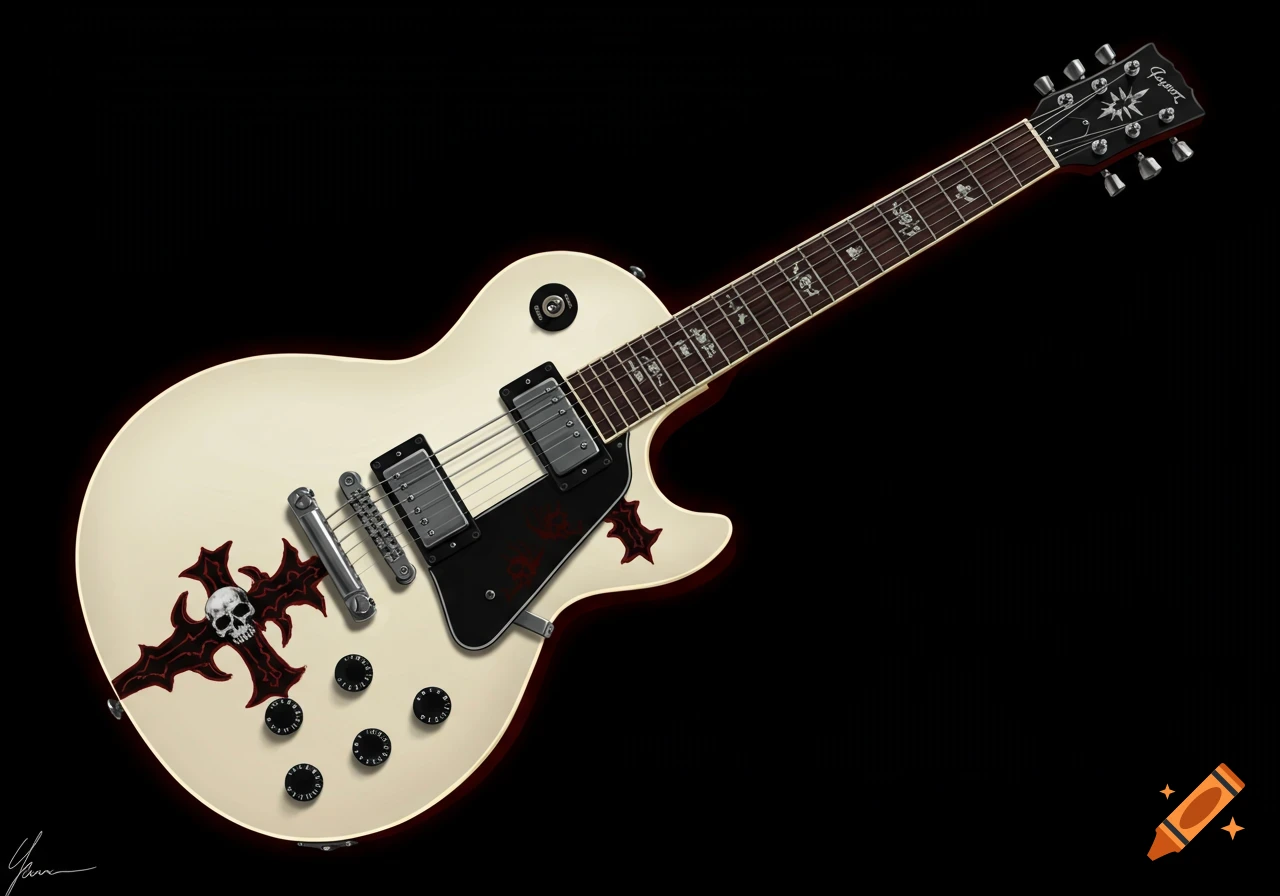 Illustration of a white electric guitar with skull and cross design on black.