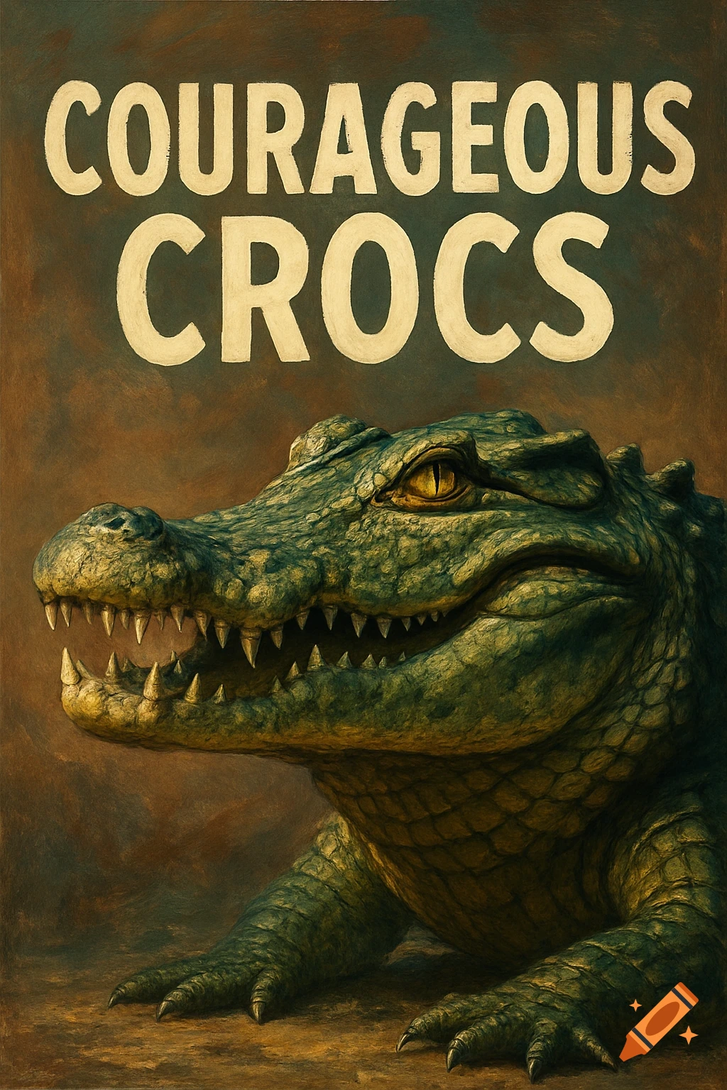 Close-up of a green crocodile head below large text that reads 'COURAGEOUS CROCS'. Painterly style.