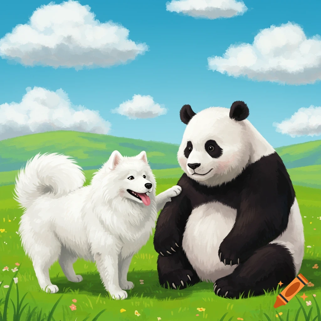 Illustration of a panda sitting next to a white dog in a grassy field under a cloudy sky.