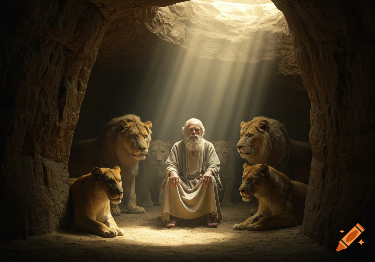 An old man sits in a cave surrounded by lions, with sunbeams illuminating the scene.