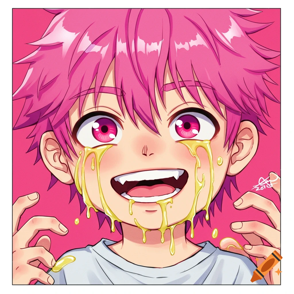 Close up anime portrait of a boy with pink hair and eyes, smiling with fangs, with yellow liquid dripping from his eyes and mouth.