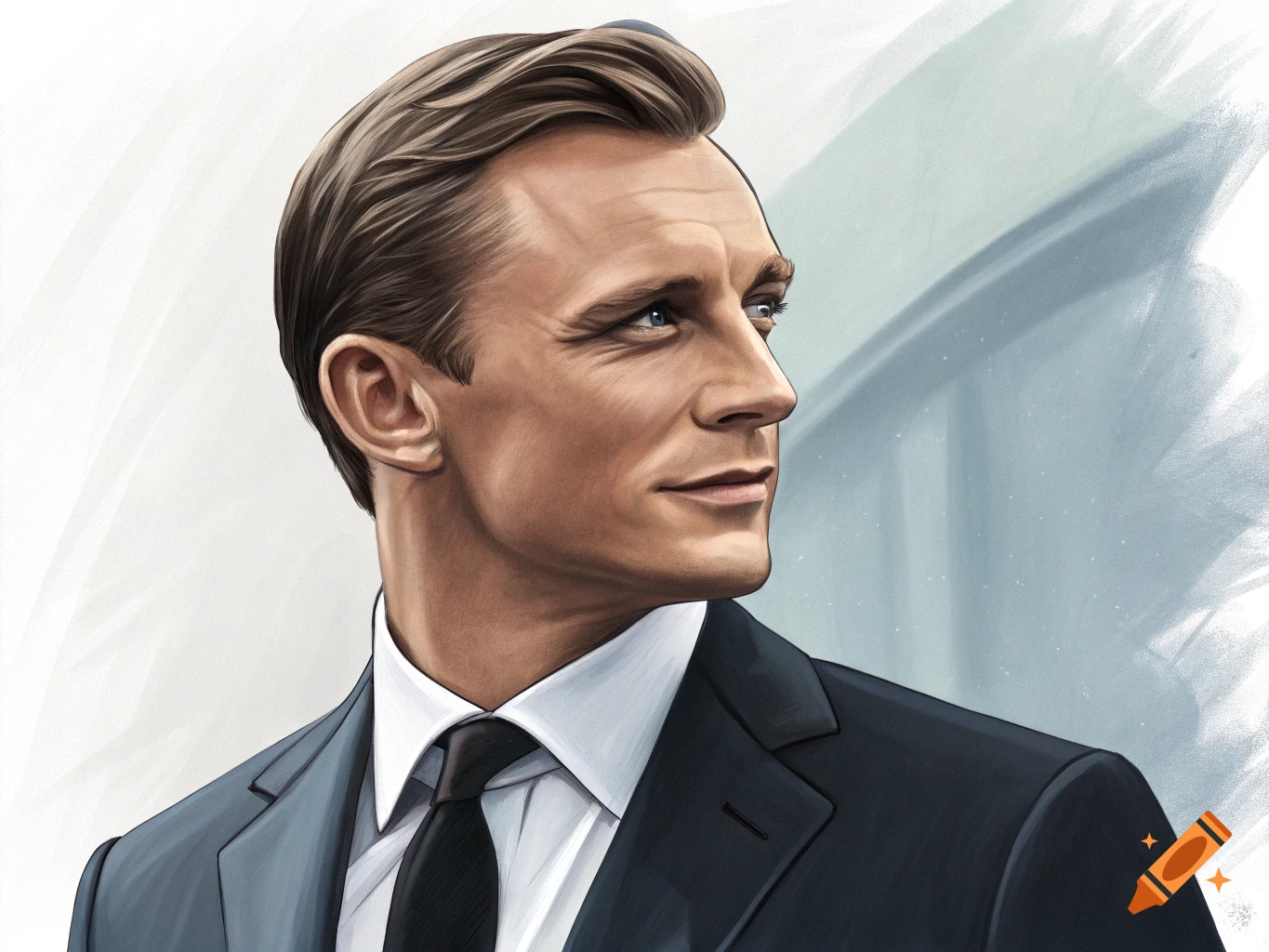Painted portrait of a man in a suit looking away.