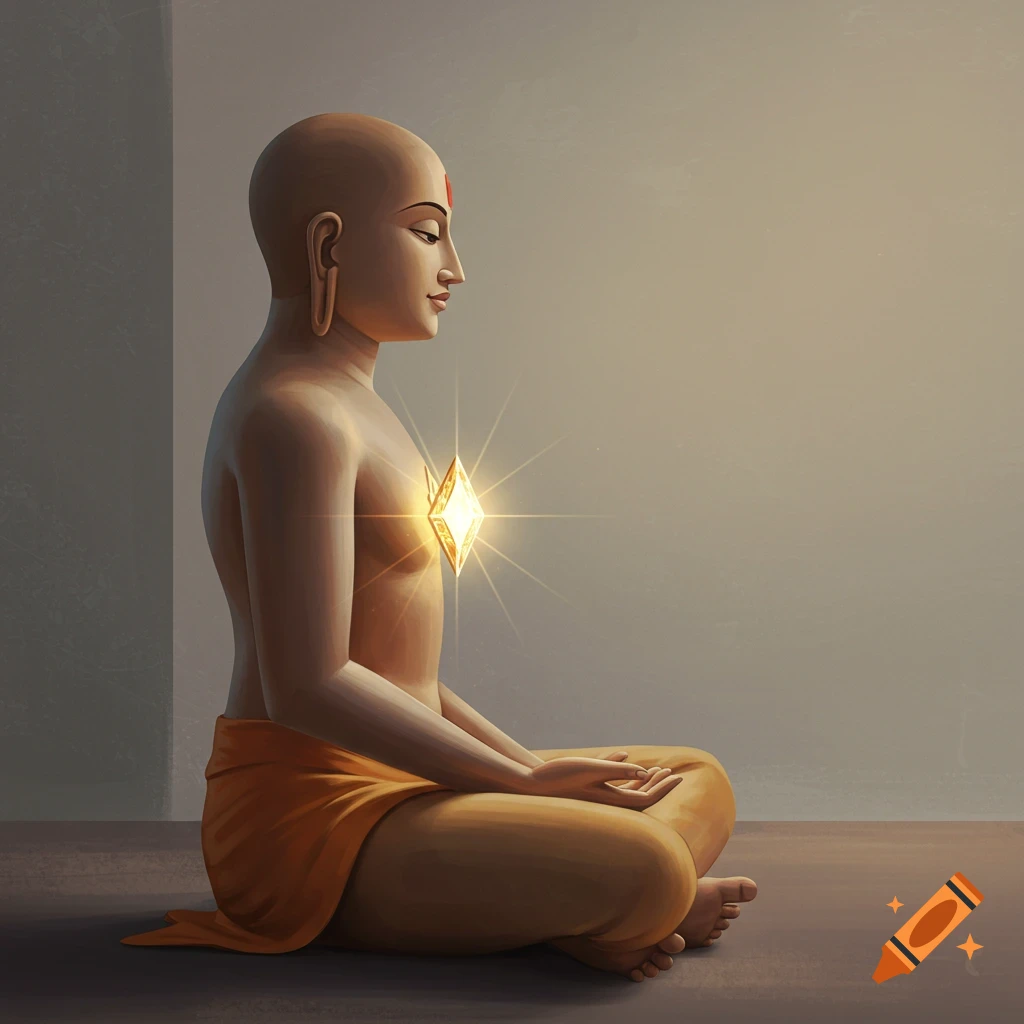 Meditating figure with a glowing diamond at the chest, sitting cross-legged.