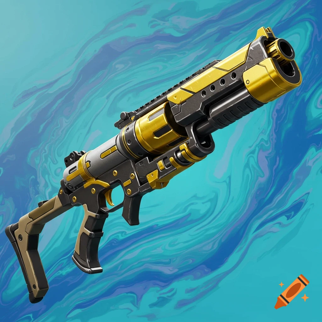 A gold and black futuristic weapon against a swirling blue background.