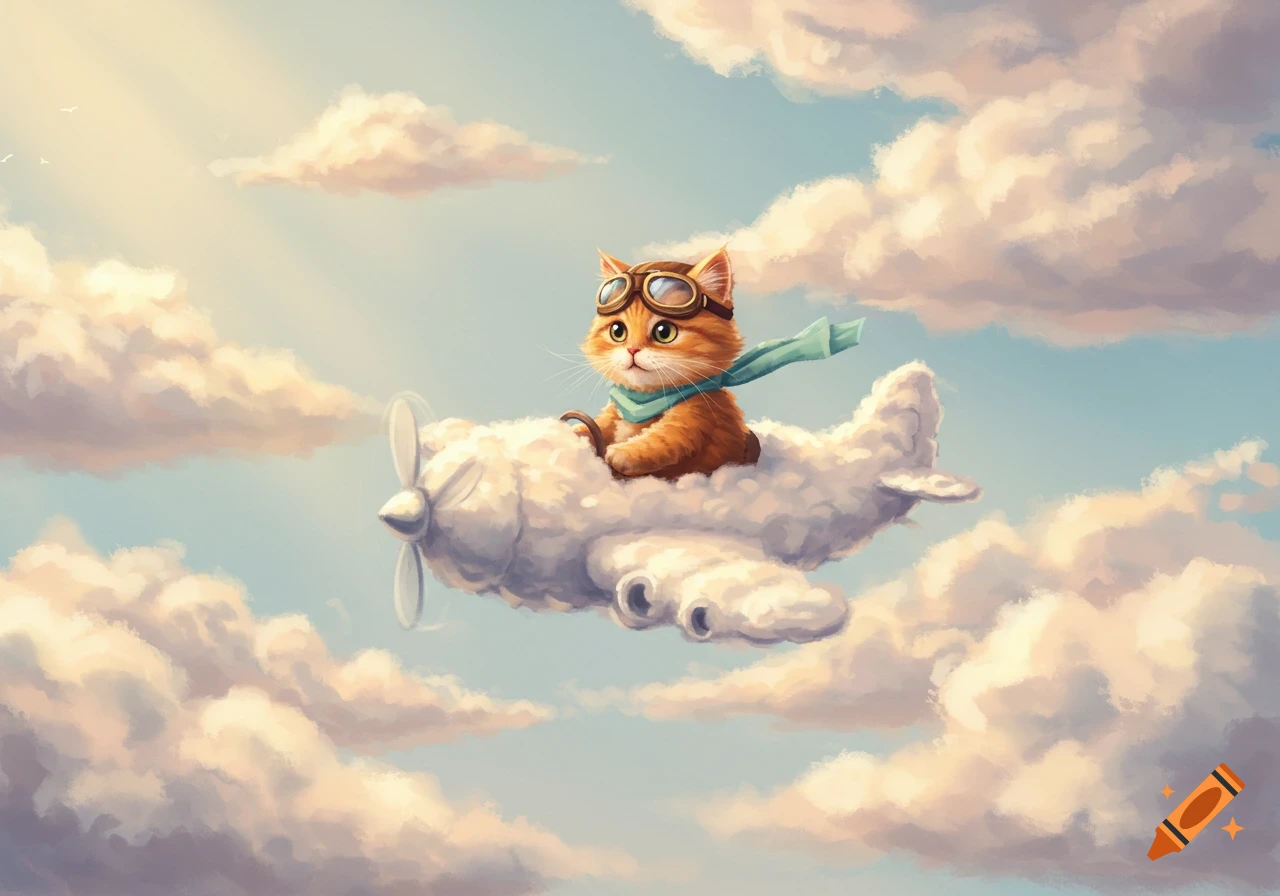 Cartoon cat with goggles and scarf flying a cloud shaped like an airplane through a cloudy sky.