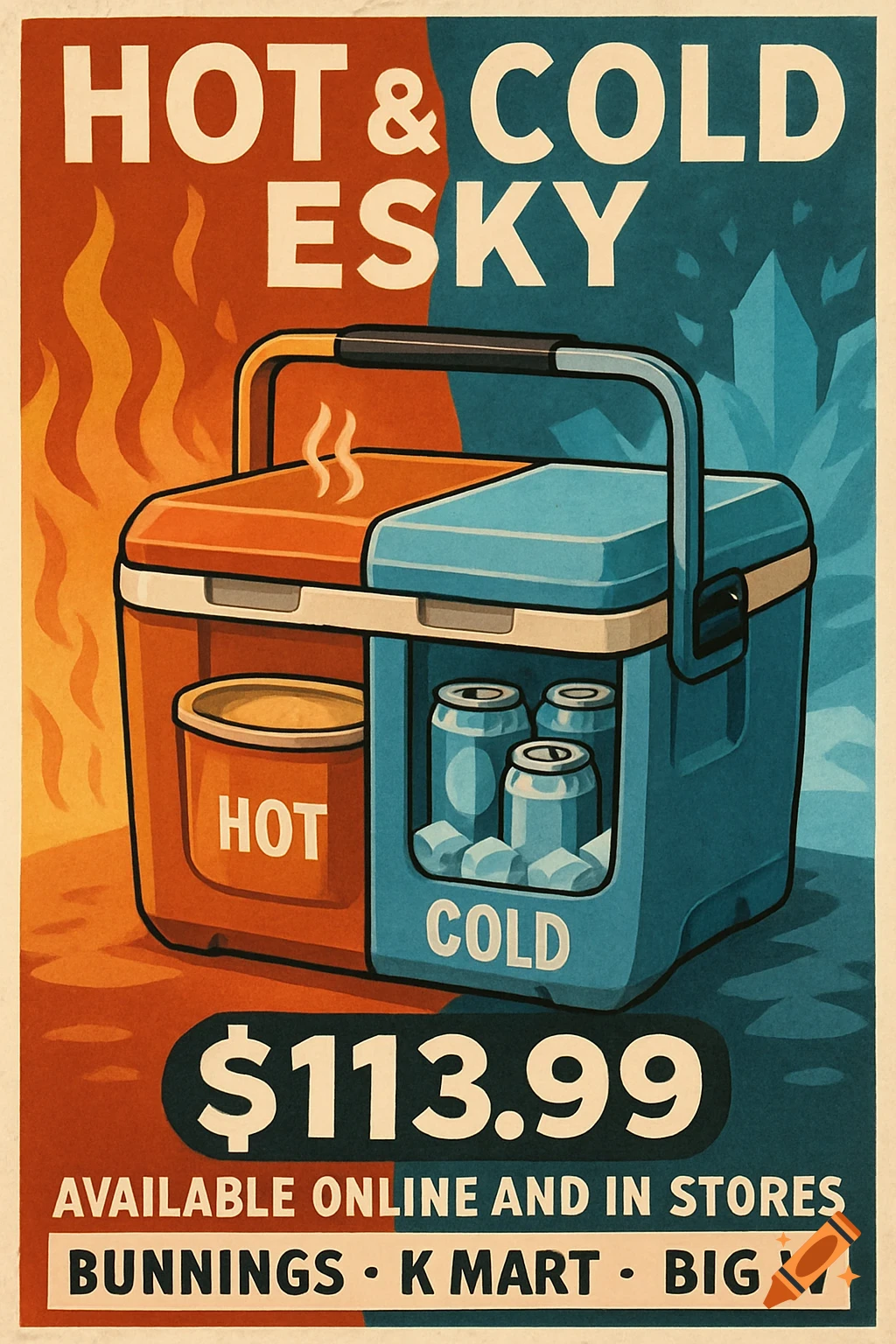Illustrated poster for a hot and cold esky cooler. Orange side shows hot food, blue side shows cold drinks and ice. Text includes price and store names.