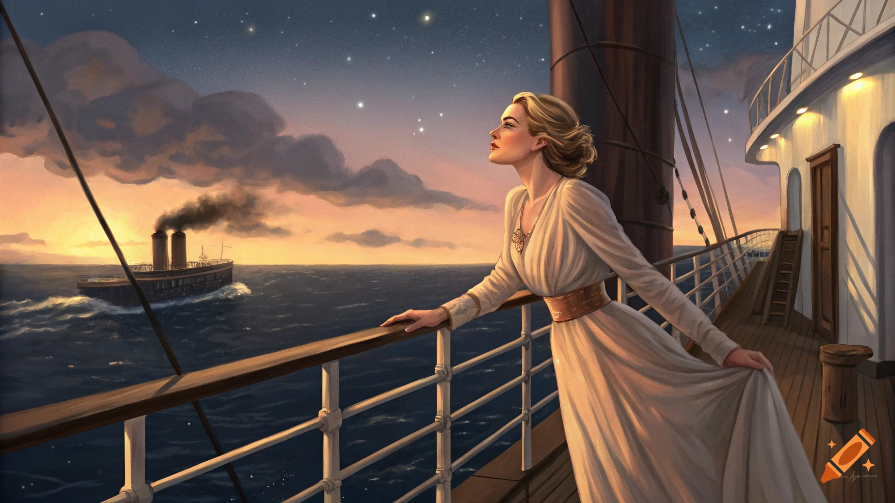 A woman in a dress looks out from a ship railing at a sunset and stars in a painted style.
