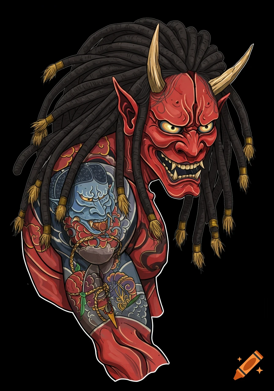 Stylized illustration of a red Oni demon with dreadlocks and a blue tattoo on its arm.