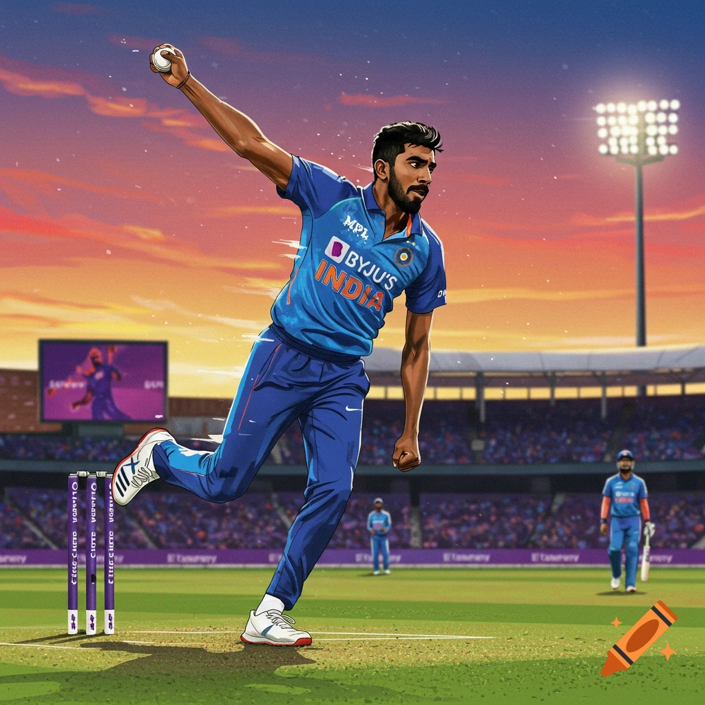Cricketer in blue India jersey bowling at a stadium during sunset.