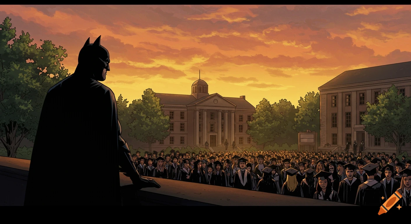 Batman watches a graduation ceremony from a distance at a university.
