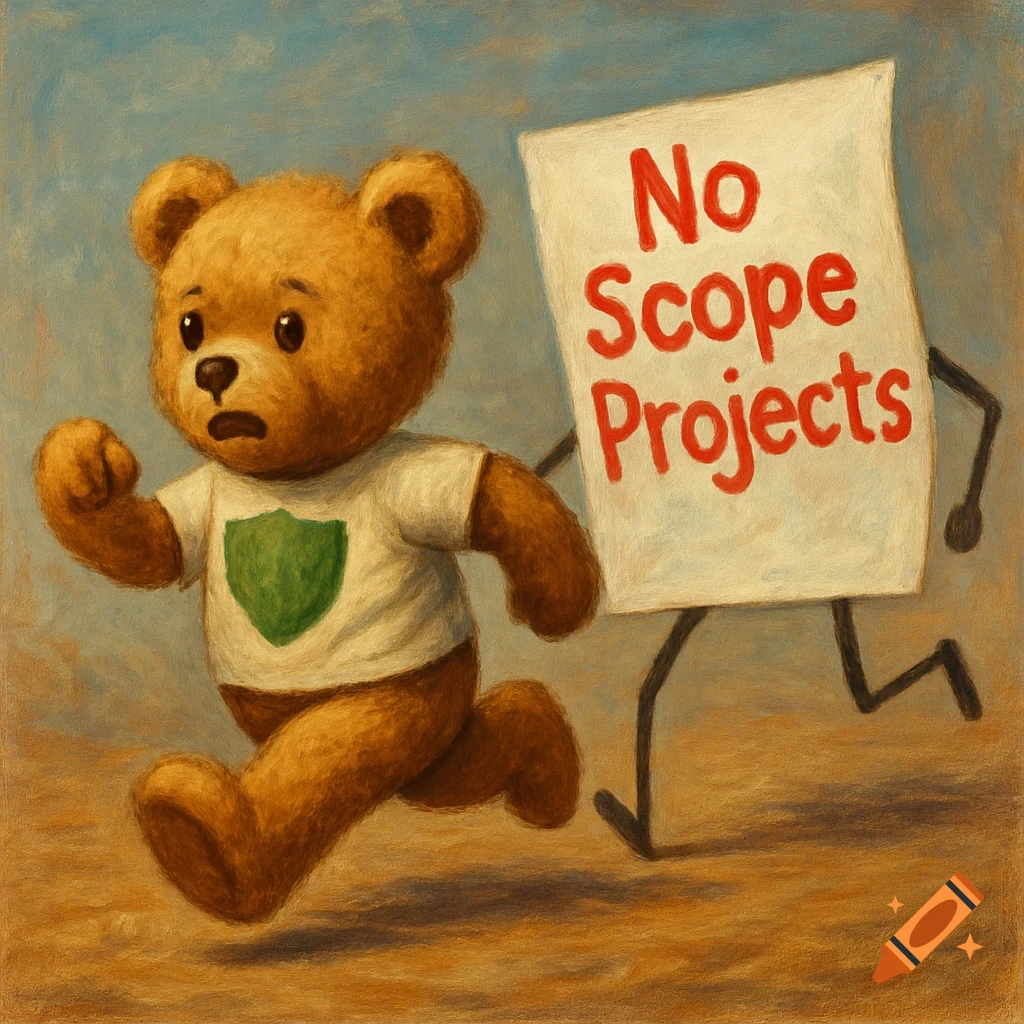 Painting of a teddy bear running from a paper sign that reads 'No Scope Projects'