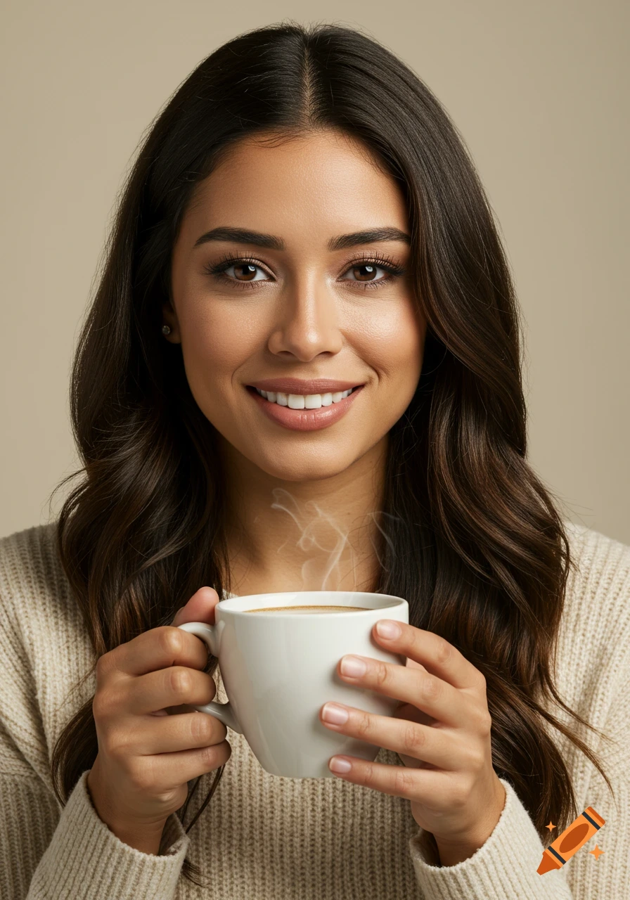 Close-up portrait of a woman smiling while holding a steaming mug of coffee.
