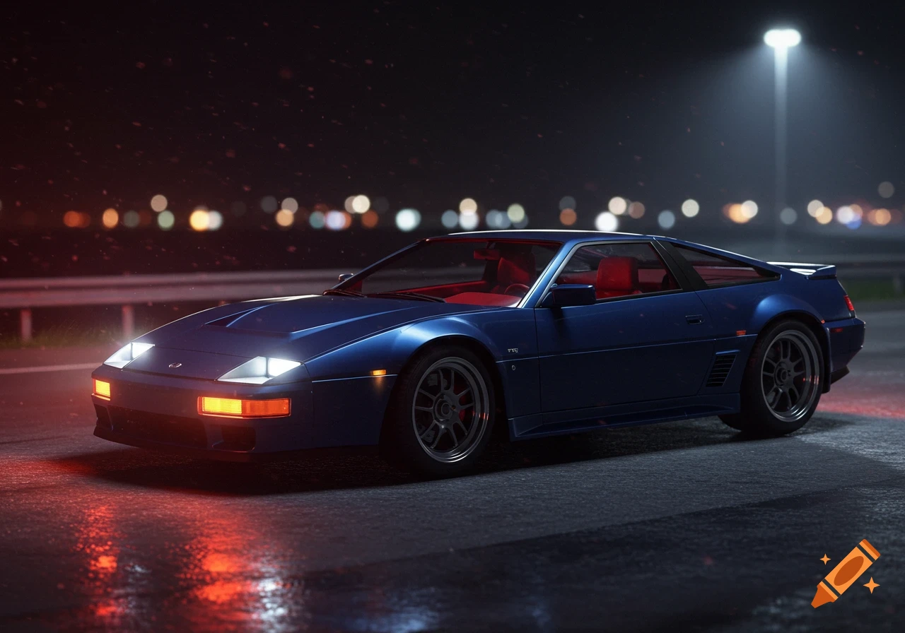 Blue sports car on a wet road at night with blurred city lights in the background.