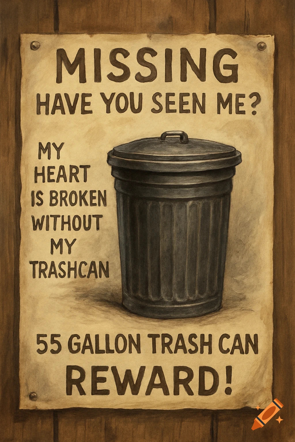 A humorous missing poster for a trash can, illustrated on aged paper with text like 'Missing' and 'Reward!'