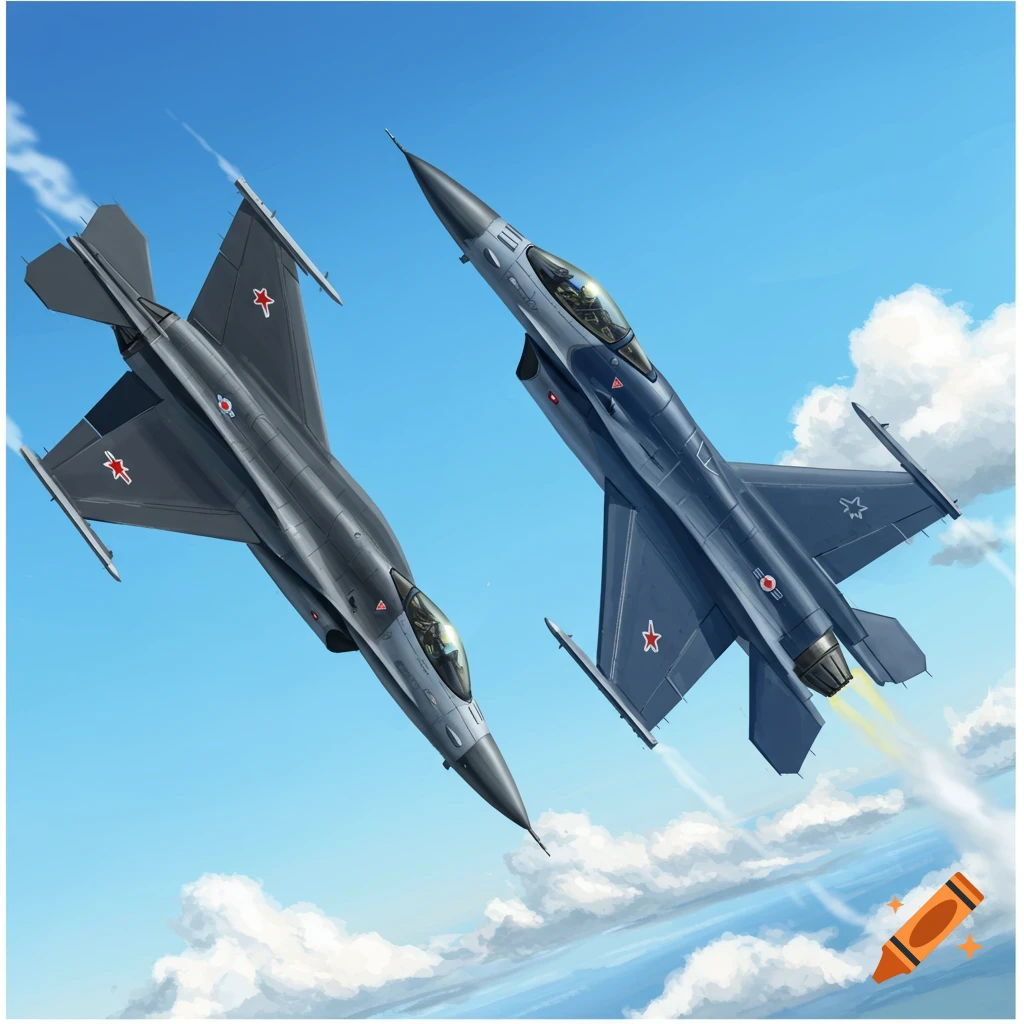 Two military jets fly against a blue sky with clouds.