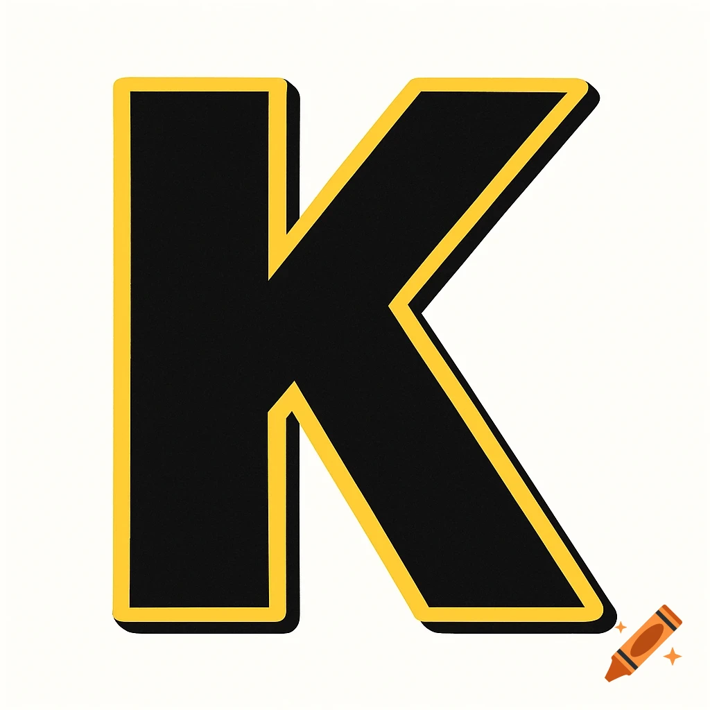 A large black letter K with a yellow outline or shadow on a white background.