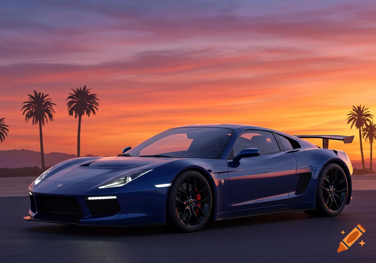 Blue sports car parked near a beach at sunset with palm trees. on Craiyon