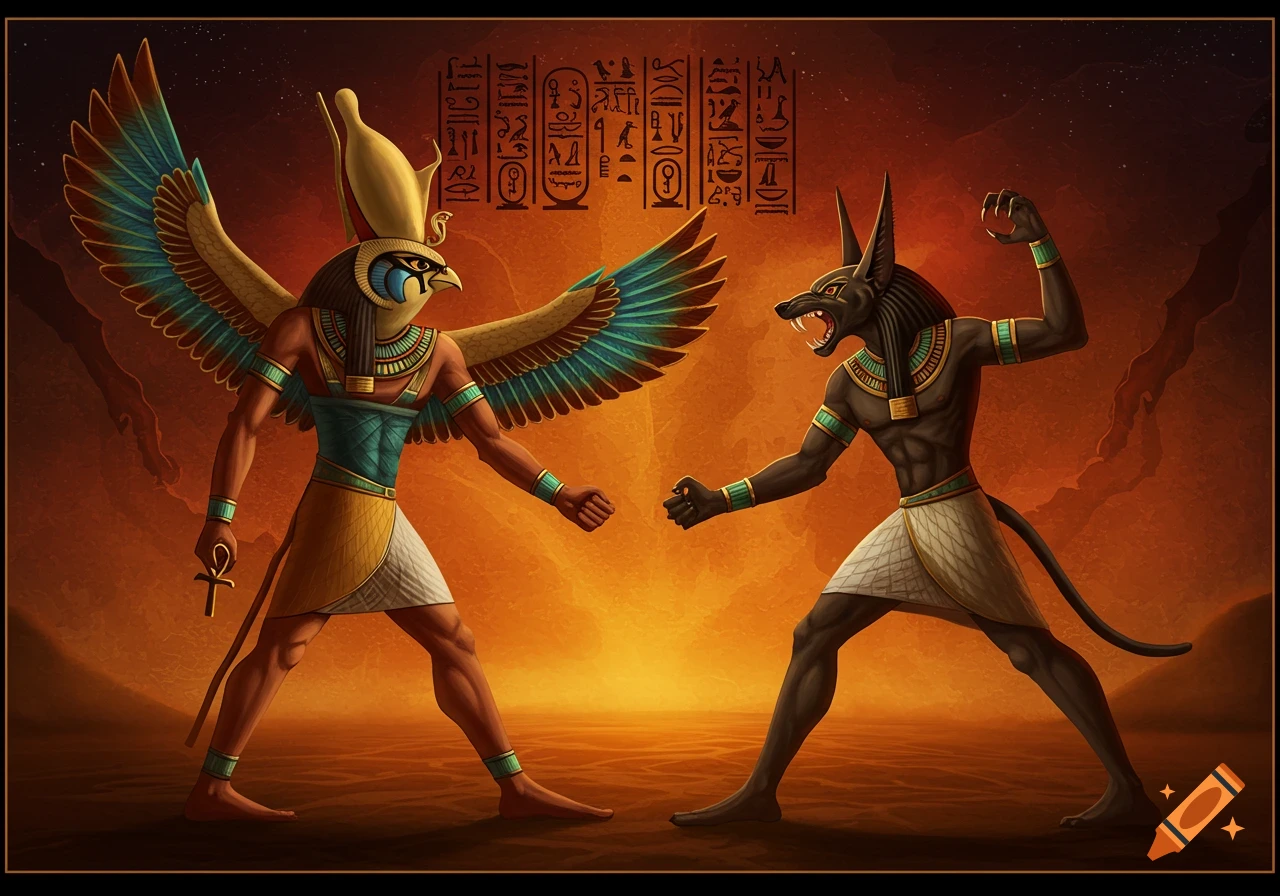 Egyptian gods Horus and Anubis facing each other in a desert with hieroglyphs