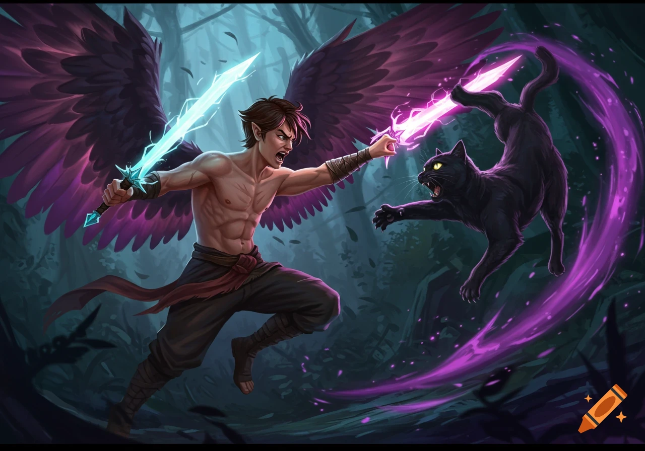 A winged elf-like figure battles a black cat with glowing swords in a dark forest, fantasy art style.