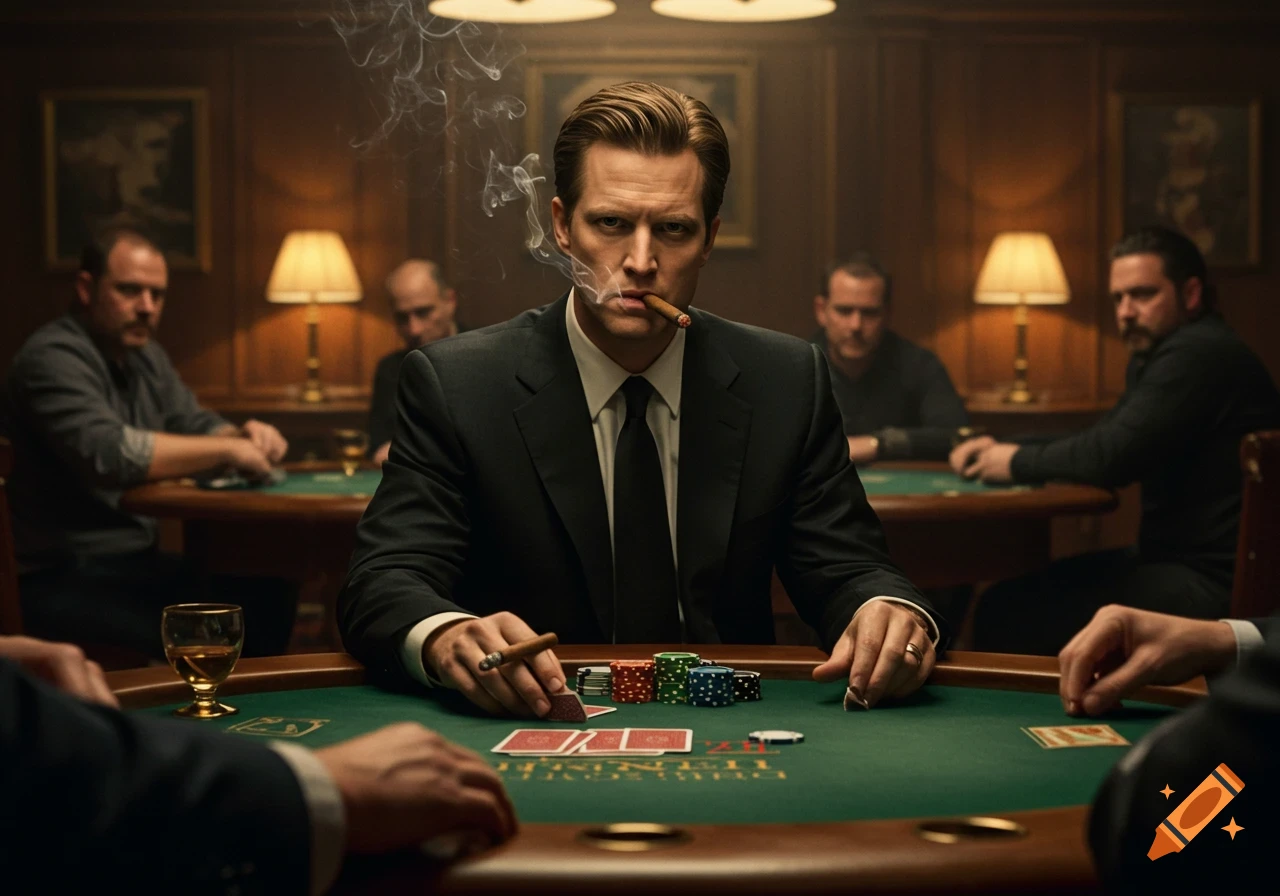 Man in suit smoking a cigar at a poker table with other players