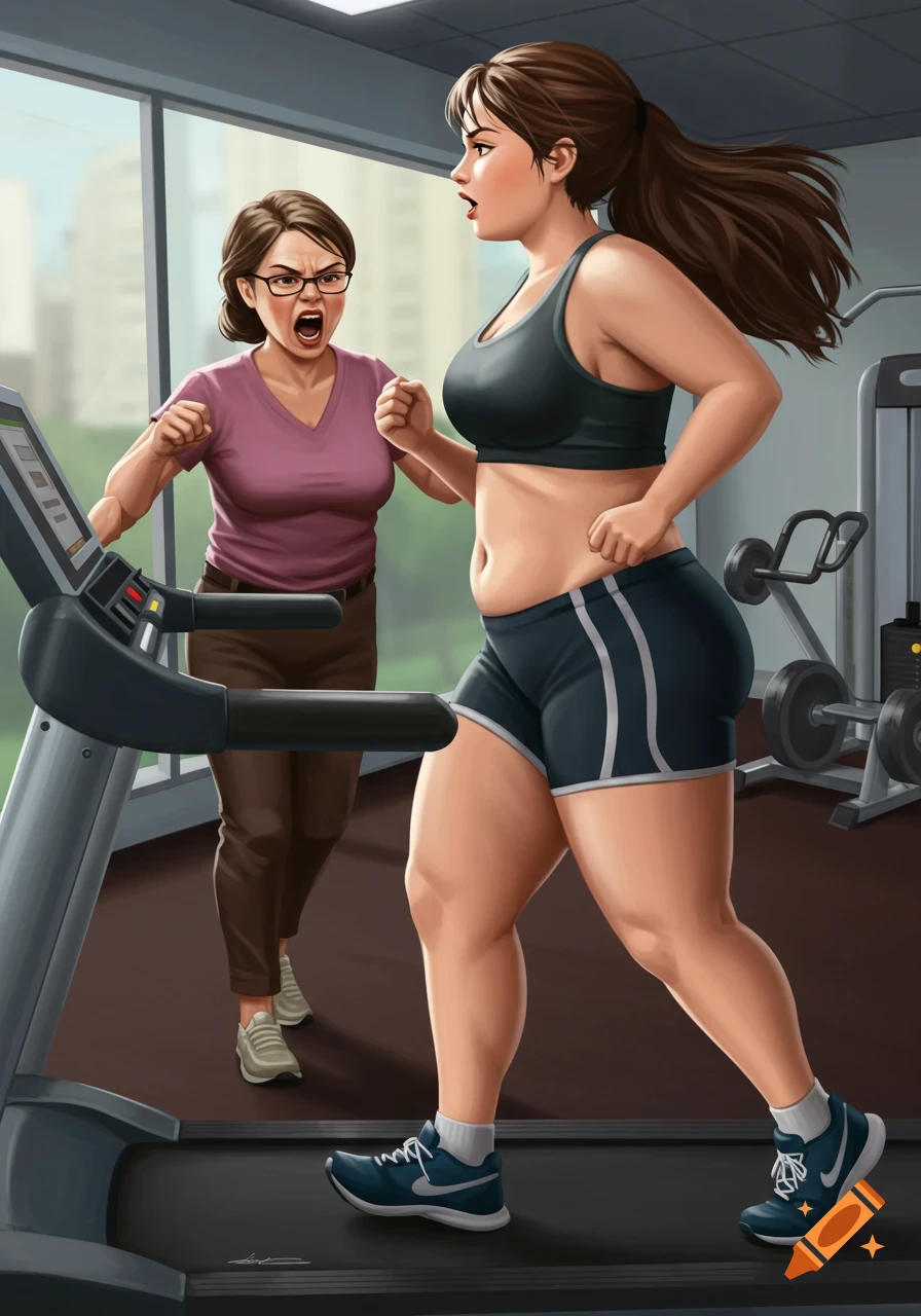 Illustration of a young woman running on a treadmill while an older woman yells at her in a gym.