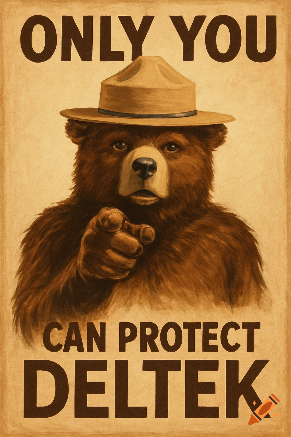 A brown bear wearing a ranger hat points at the viewer in a poster-like image with the text 'ONLY YOU CAN PROTECT DELTEK'.