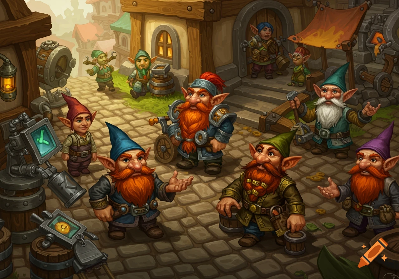 Illustration of several gnomes standing in a fantasy town square with workshops.