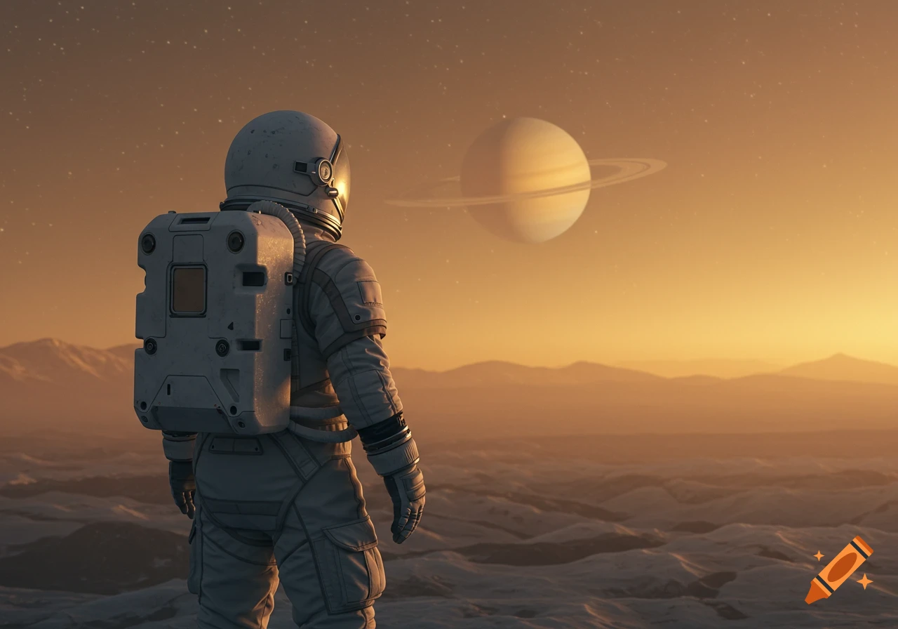 Photorealistic astronaut stands on a moon looking at the planet Saturn.