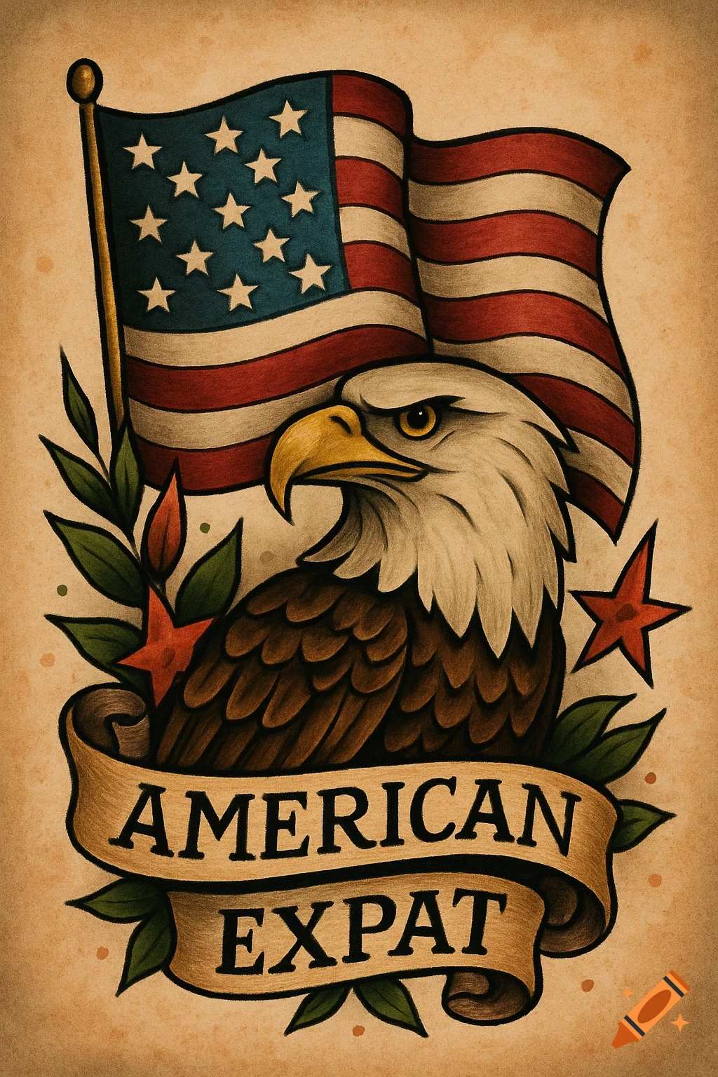 Traditional tattoo art of a bald eagle, American flag, and 'AMERICAN EXPAT' banner.