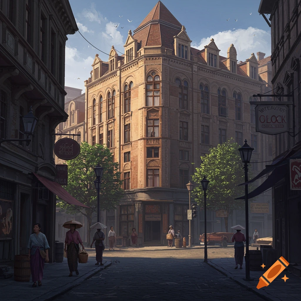 A detailed illustration of a historical street scene with old buildings, shops, and people in traditional clothing.