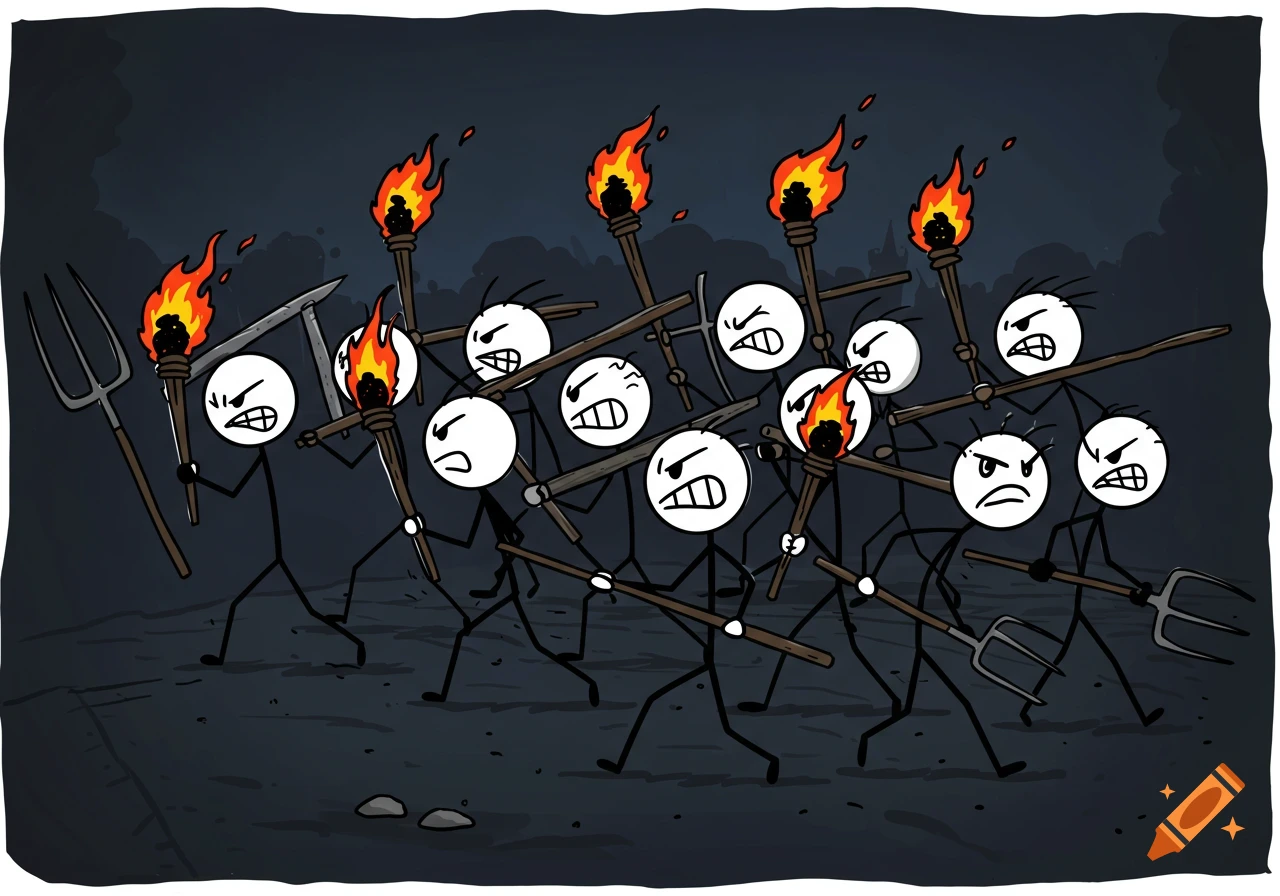 Cartoon illustration of an angry mob of stick figures carrying torches and pitchforks.