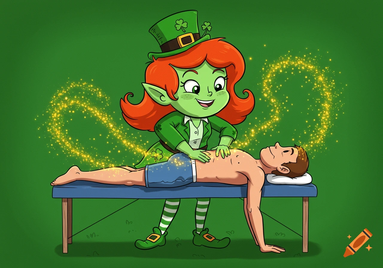 Cartoon leprechaun giving a man a massage.