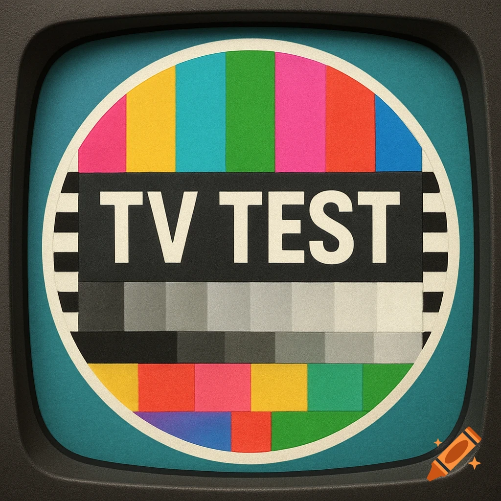 Old-school TV test pattern with bright colors and 'TV TEST' text