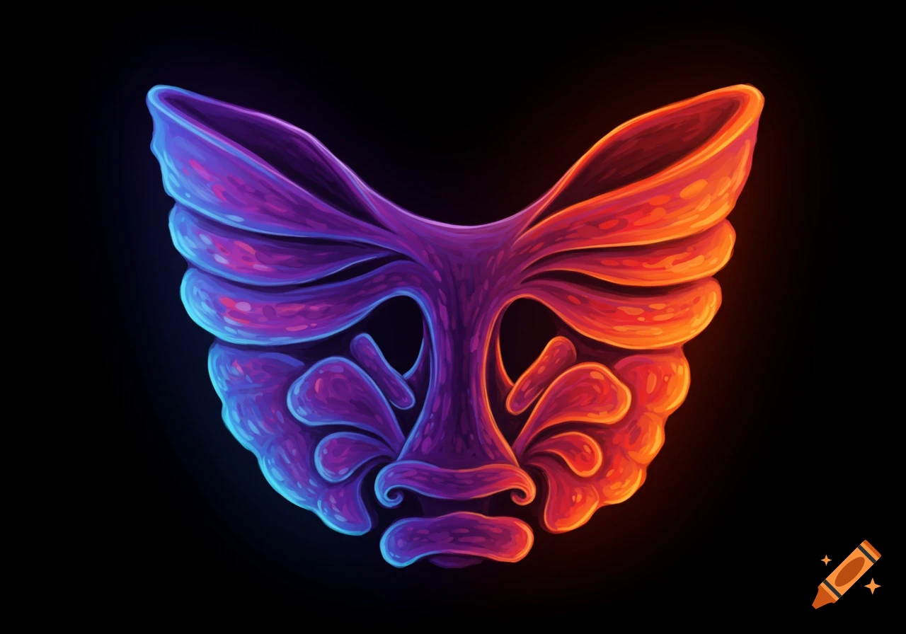 Abstract glowing purple and orange face or mask shape on a black background.
