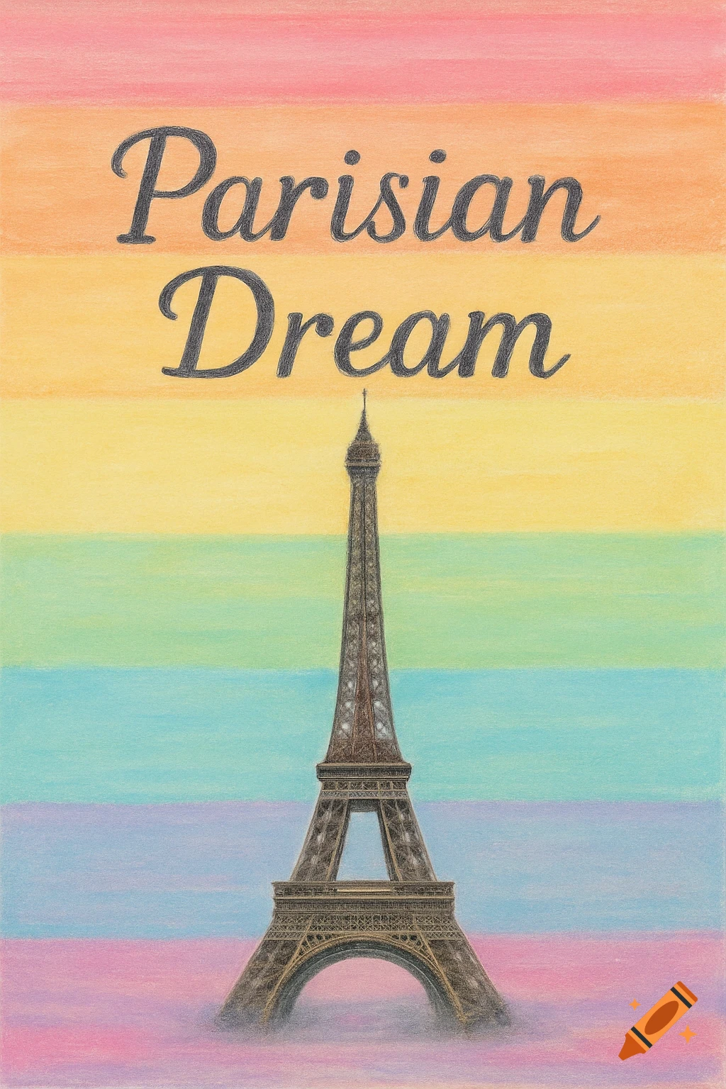 Drawing of the Eiffel Tower under text 'Parisian Dream' with a rainbow pastel background.